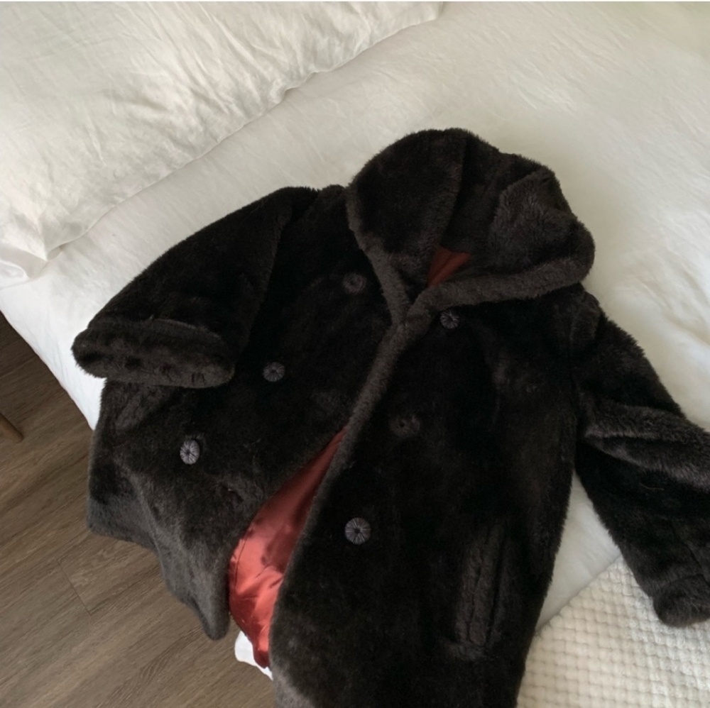 60s Vintage Faux Fur Chocolate Brown Coat Satin Lined Warm Winter Size M